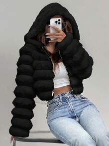 SHEIN EZwear Áo khoác lông ngắn có mũ trùm đầu dài tay màu trơn dành cho nữ mùa đông - màu đen - Xem 1