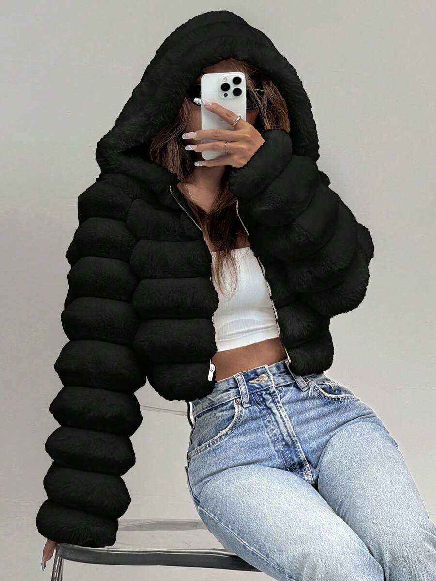 SHEIN EZwear Áo khoác lông ngắn có mũ trùm đầu dài tay màu trơn dành cho nữ mùa đông - màu đen - Xem 1
