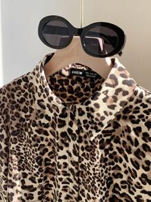 Comfortcana Leopard Print Back Bowknot Cropped Long Sleeve Blouse - Brown - View 3