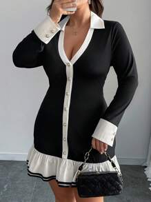 Calvaya Plus Size Women Pleated Bowknot Collared Dress, Minimalist Style For Commute - Black and White - View 2