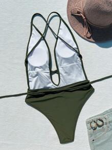 SHEIN Swim Traje de baño de una sola pieza para mujeres de playa de verano con tirantes spaghetti y escote en V profundo - Verde militar - Ver 2