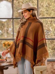 LanaWest Suéter de punto con cuello de tortuga y poncho de moda para mujer, suéter de punto de otoño/invierno - Multicolor - Ver 5