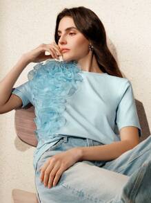 Anewsta Round Neck Short Sleeve Elegant Floral Decor T-Shirt, Summer For Valentine's Day, New Year Occasions, Date Night