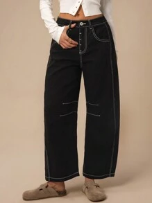 Forever 21 春季新款女式低腰洗水修身七分牛仔裤 - 黑色 - 查看 5