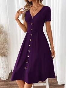 SHEIN Clasi 女士优雅 V 领短袖绿色 A 字连衣裙 - 紫色 - 查看 3