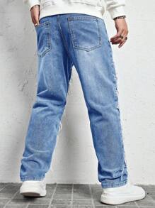 Manfinity LEGND Men's Casual Denim Jeans With Front Button Pockets And Raw Hem - Medium Wash - View 2