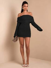 SHEIN BAE Elegant Open Shoulder Long Sleeve Knitted Dress, Suitable For Daily Dates, Outings, Night Clubs, Parties, Special Occasions, Autumn