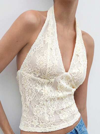 Maija Women's Apricot Textured Lace Embroidery Fabric Halter V-Neck Backless Fitted Tank Top, Versatile For All Seasons, Elegant Casual Business Office Urban Professional Chic Low-Key Wealthy Look