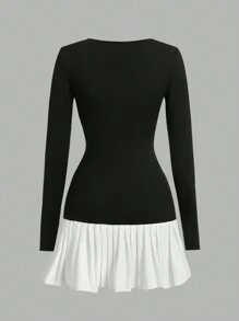 SHEIN Essnce Women Solid Color Block Round Neck Long Sleeve Simple Casual Mini Dress - Black and White - View 8