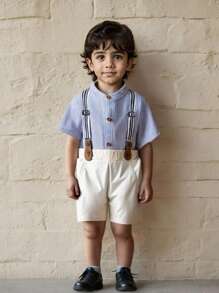 SHEIN Baby Jungen Kontrast Streifen Mode leichte Stehkragen Kurzarm Hemd + Latzhosen Gentleman Outfit Anzug, geeignet für Frühling/Sommer Ausflüge, Parkspaziergang und lässige Freizeitkleidung Zuhause - Blau - Übersicht 1