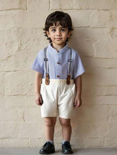 SHEIN 男婴撞色条纹时尚轻质立领短袖衬衫 + 背带短裤绅士装套装，适合春夏季外出、公园散步和休闲家居服
