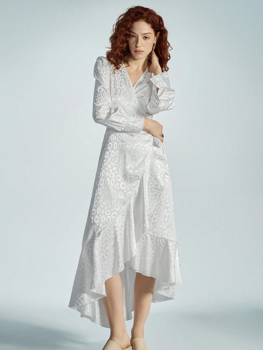 SHEIN Privé V-Neck Satin Unique Leopard Print Asymmetrical Hem Ruffle Trim Spring Dress For Women