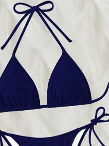 SHEIN Swim 2026 Spring/Summer Navy Blue Special Fabric Women's Swimsuit, Spaghetti Strap Halter Solid Color Sexy Side Tie Thong Bikini Two-Piece Swimwear - Navy Blue - View 4