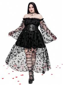 Whyspr Vestido sexy asimétrico de talla grande con diseño de nicho, color negro sólido, encaje, hombros descubiertos y bajo maxi para outfit gótico de mujer