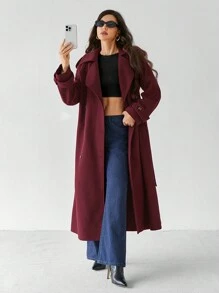 SHEIN Tall Chaqueta larga de manga larga con botones delanteros sencilla de color borgoña, abrigo largo de lana burdeos vintage de uso casual diario, abrigado y grueso para disfraces de invierno de Acción de Gracias, Halloween, Navidad y otoño para mujeres