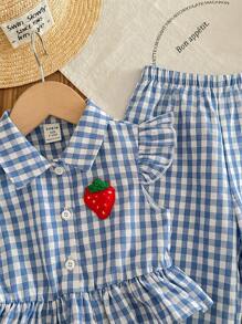 SHEIN LMoss Kids Baby Girl LMoss Cute Plaid Cap Sleeve Top And Pants Set, Summer