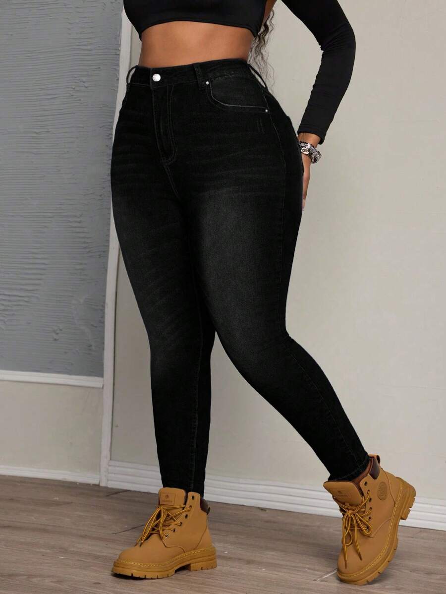 大码女式弹力做旧水洗紧身牛仔裤 - 黑色 - 查看 1