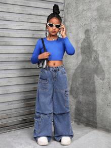 SHEIN Jeans anchos de carga de mezclilla azul desgastada con pliegues, estilo holgado y versátil para niñas preadolescentes, ideal para uso diario en otoño/invierno - Azul lavado medio - Ver 5