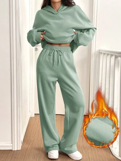 SHEIN EZwear 薄荷绿色 2 件套女士休闲保暖连帽衫和运动裤，秋冬