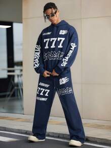 Manfinity VCAY 2 Pieces Men's Loose Drop Shoulder Long Sleeve Sweatsuit Set, Suitable For Everyday Wear