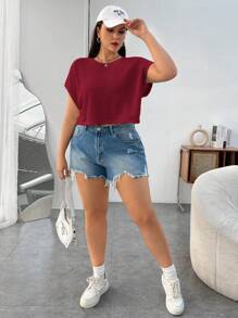 SHEIN EZwear Valentine's Day,Beige Knitted Women Short Sleeve T-Shirt, Minimalist Casual Everyday Wear