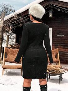 Allurite Vestido rojo de manga larga con cuello en V de terciopelo, con abertura, plisado, sexy, elegante y brillante con lentejuelas, adecuado para actuaciones, bares, discotecas, fiestas y citas, talla grande