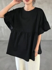 FRIFUL Women's Solid Color Ruffle Short Sleeve Loose T-Shirt For Outdoor/Beach Summer