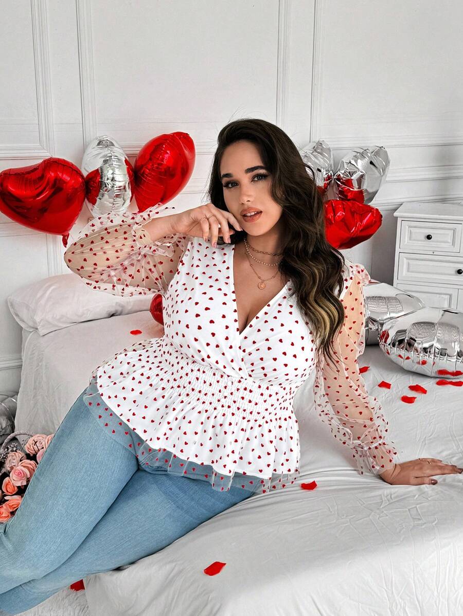 Flirla 大码女式优雅简约心形图案网眼腰长袖衬衫，适合情人节、休闲日常穿着、送礼 - 白色 - 查看 1