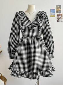 Soleia Plus Size Women Plaid V-Neck Ruffle Hem Double Layer Shirt Dress, Casual Holiday Outfit For Autumn/Winter & Valentine's Day