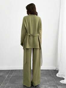 SHEIN Tall Bộ đồ hai mảnh có chi tiết thắt lưng, bộ ấm cúng, dễ mặc ở nhà và ngoài trời - màu xanh lá - Xem 3