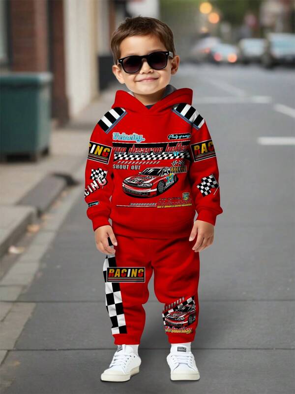 SHEIN Set de 2 piezas de sudadera deportiva suelta y cómoda para niño, con estampado de bandera a cuadros y gráfico de corredor, estilo deportivo clásico