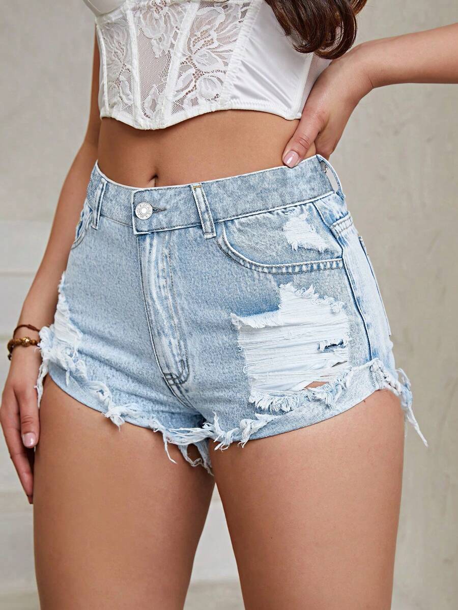 Ripped Raw Hem Denim Shorts - Light Wash - View 1