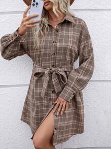 SHEIN Clasi 女士格子前扣长袖短裙，简约风格 - 彩色 - 查看 1