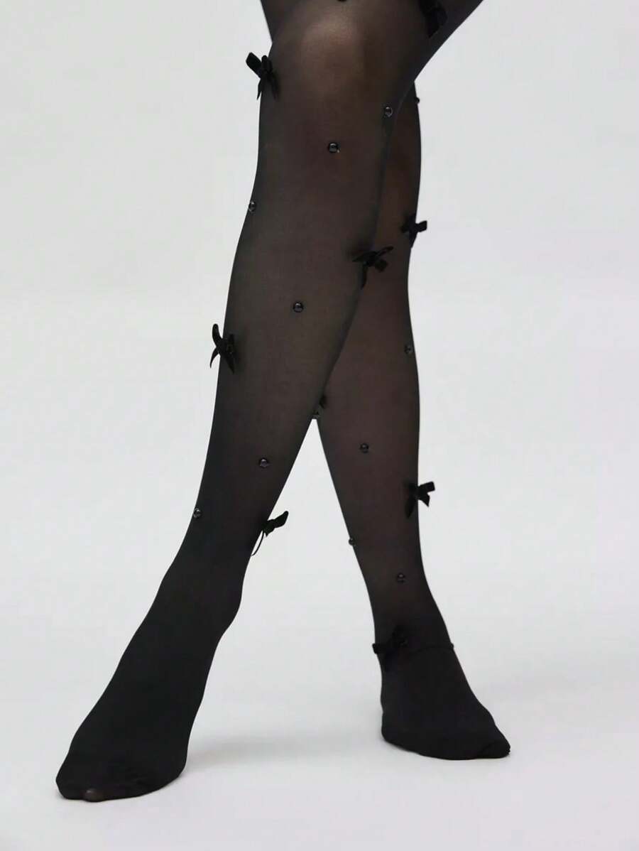 CovetEZ Plus Size Spring Black Mesh Bow Decor Leggings For Girls For Summer - Black - View 1