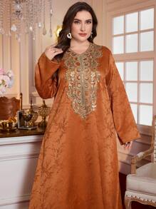 Al Najma 大码优雅提花面料传统金色串珠领阿拉伯风格服装