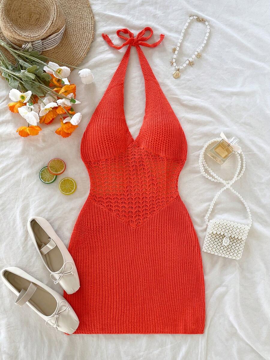 Soleia Vacation Halter Neck Backless Fitted Knit Dress - Orange - View 1