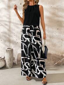 SHEIN Clasi Conjunto de top sin mangas de cuello redondo unicolor y pantalones de pierna ancha para mujeres