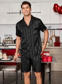 2pcs/Set Men's Letter Print Faux Silk Jacquard Striped Single Breasted Shirt And Shorts Pajamas Set - Black - View 2