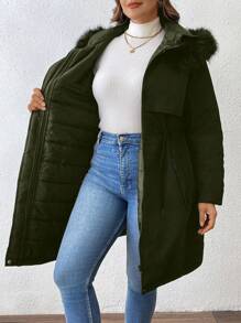 SHEIN LUNE Abrigo acolchado de talla grande para el invierno, de unicolor, manga larga, cuello alto con ribete de piel