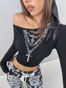 SHEIN EZwear Women's Date Night Daily Wear Essentials Knit Stretchy Comfy Asymmetrical Neck Graphics Long Sleeve Tops,Valentine's Day - Black - View 5