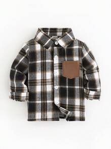SHEIN 1pc Baby Boys' Casual Plaid Simple Design Long Sleeve Shirt, Collared Single-Breasted Pocket, Versatile For Daily Wear With Jeans/Chino Pants, Vintage Soft Comfortable Spring New Arrival