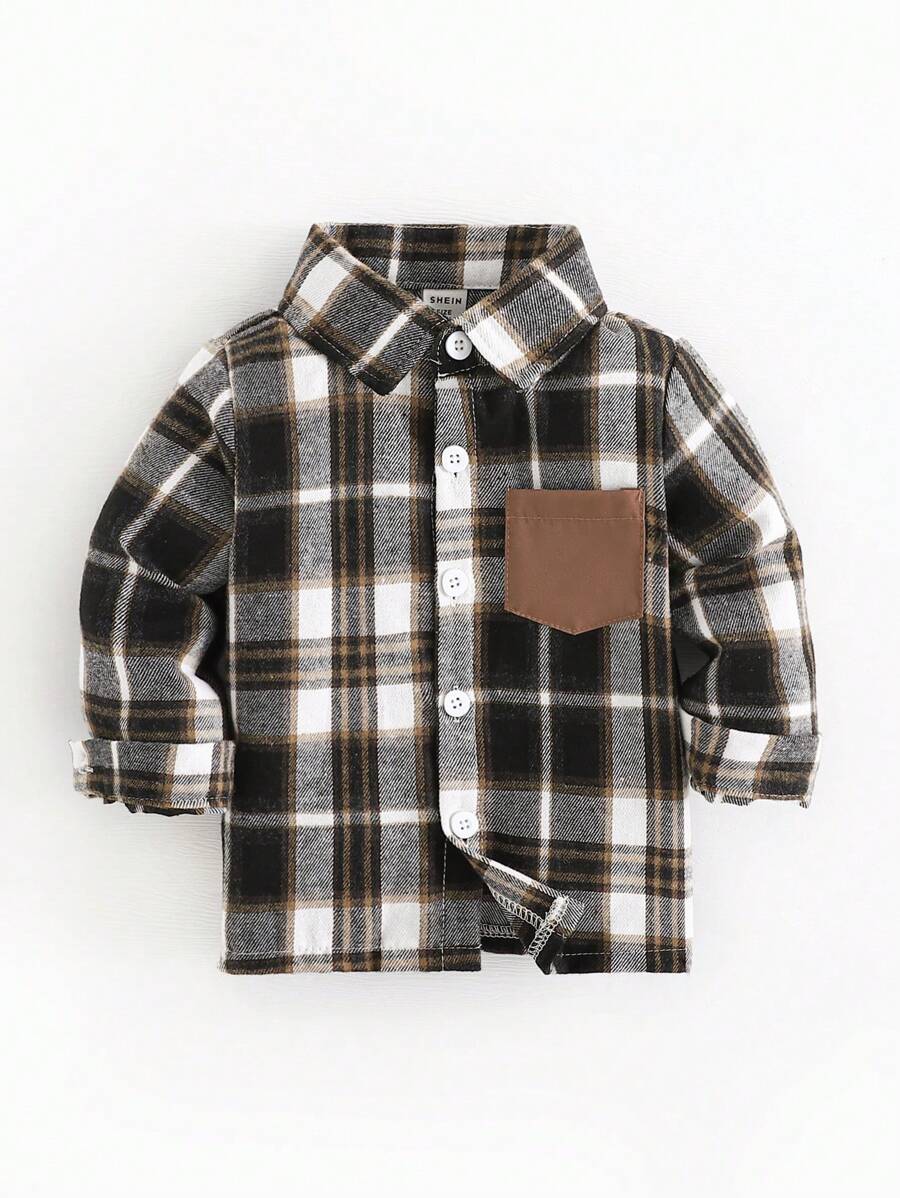 SHEIN 1pc Baby Boys' Casual Plaid Simple Design Long Sleeve Shirt, Collared Single-Breasted Pocket, Versatile For Daily Wear With Jeans/Chino Pants, Vintage Soft Comfortable Spring New Arrival