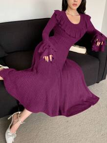 Mulvari Vestido casual de mujer de unicolor con volantes, moda minimalista para uso diario
