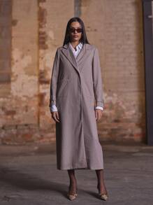 MUSERA Áo khoác dáng dài công sở họa tiết xương cá bằng vải tweed - màu nâu - Xem 1