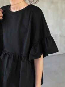 FRIFUL Women's Solid Color Ruffle Short Sleeve Loose T-Shirt For Outdoor/Beach Summer