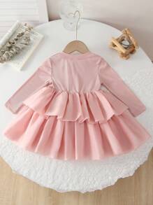 SHEIN 女婴粉色分层公主裙，女婴春季服装，时尚公主裙 - 粉色 - 查看 2