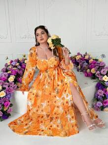 Flirla Stylish & Elegant French Style Floral Print Square Neck Off-Shoulder Puff Sleeve Waist Slimming Chic Dress For Women - Multicolor - View 5