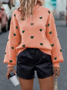 Chiquease Áo len chui đầu họa tiết trái tim tay dài cổ đứng cho nữ Áo len chui đầu thường ngày Áo len chui đầu mùa thu đông - Rượu sâm banh - Xem 5