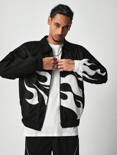 Street Life جاكيت أسود للرجال مع طبعة لهب أبيض وحافة مطاطية ومناطق مرنة في الأكمام