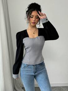 Chiquease Fashionabla lapptäcke för kvinnor, långärmad, elegant elegant blus - Svart - Visa 4